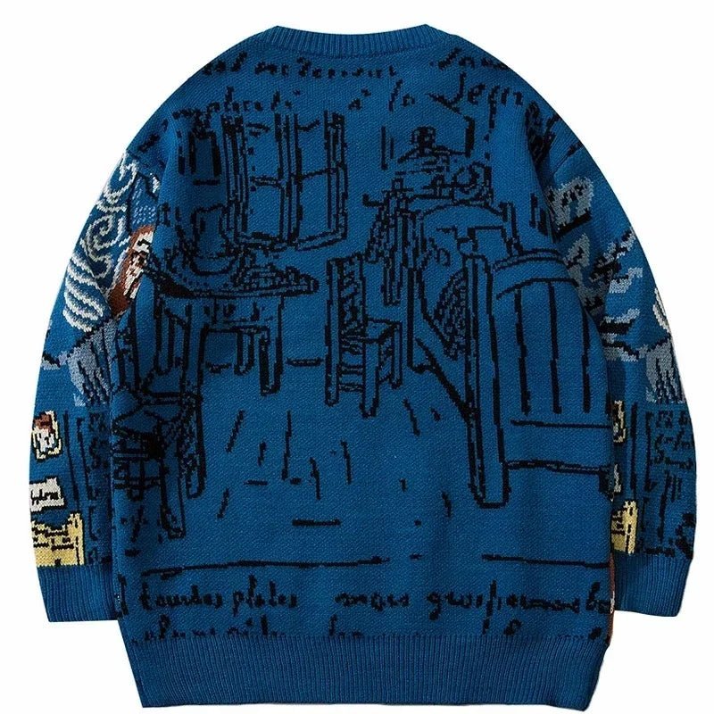 Van Gogh Graffiti Print Knitted Sweater – Oversized Unisex Streetwear Pullover, 95% Cotton - GiftWave.co