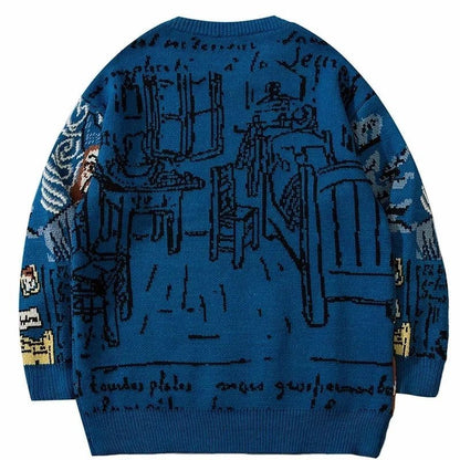 Van Gogh Graffiti Print Knitted Sweater – Oversized Unisex Streetwear Pullover, 95% Cotton - GiftWave.co