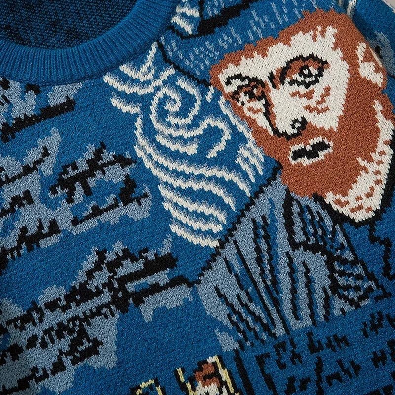 Van Gogh Graffiti Print Knitted Sweater – Oversized Unisex Streetwear Pullover, 95% Cotton - GiftWave.co