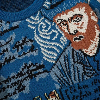 Van Gogh Graffiti Print Knitted Sweater – Oversized Unisex Streetwear Pullover, 95% Cotton - GiftWave.co