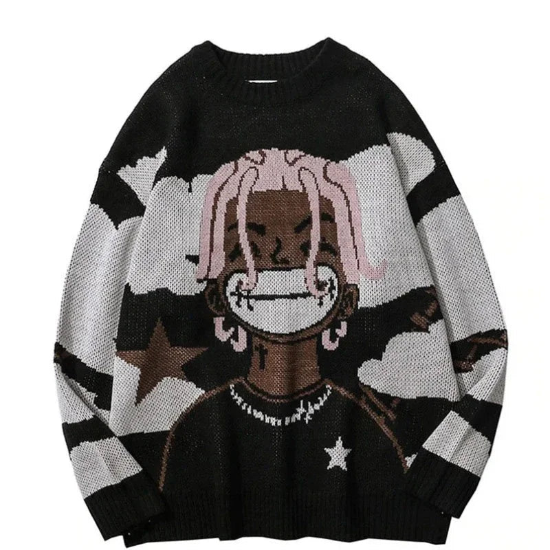 Van Gogh Graffiti Print Knitted Sweater – Oversized Unisex Streetwear Pullover, 95% Cotton - GiftWave.co