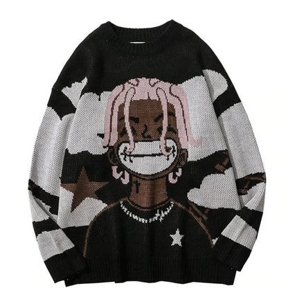 Van Gogh Graffiti Print Knitted Sweater – Oversized Unisex Streetwear Pullover, 95% Cotton - GiftWave.co