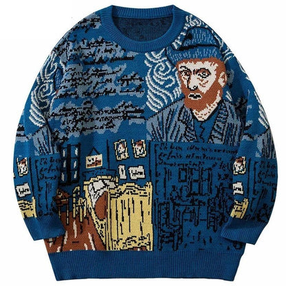 Van Gogh Graffiti Print Knitted Sweater – Oversized Unisex Streetwear Pullover, 95% Cotton - GiftWave.co