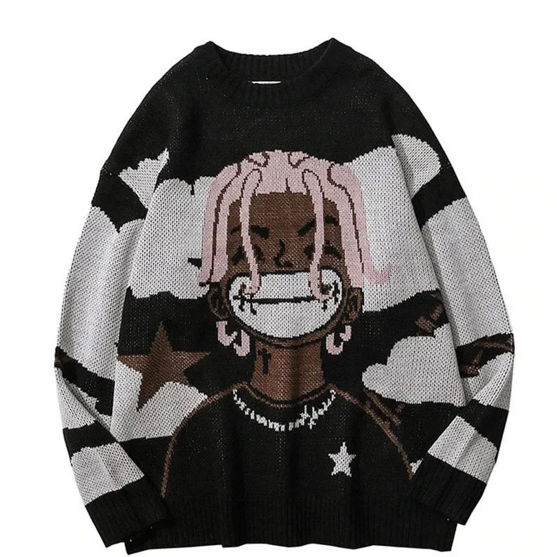 Van Gogh Graffiti Print Knitted Sweater – Oversized Unisex Streetwear Pullover, 95% Cotton - GiftWave.co