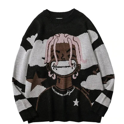 Van Gogh Graffiti Print Knitted Sweater – Oversized Unisex Streetwear Pullover, 95% Cotton - GiftWave.co