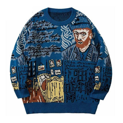 Van Gogh Graffiti Print Knitted Sweater – Oversized Unisex Streetwear Pullover, 95% Cotton - GiftWave.co
