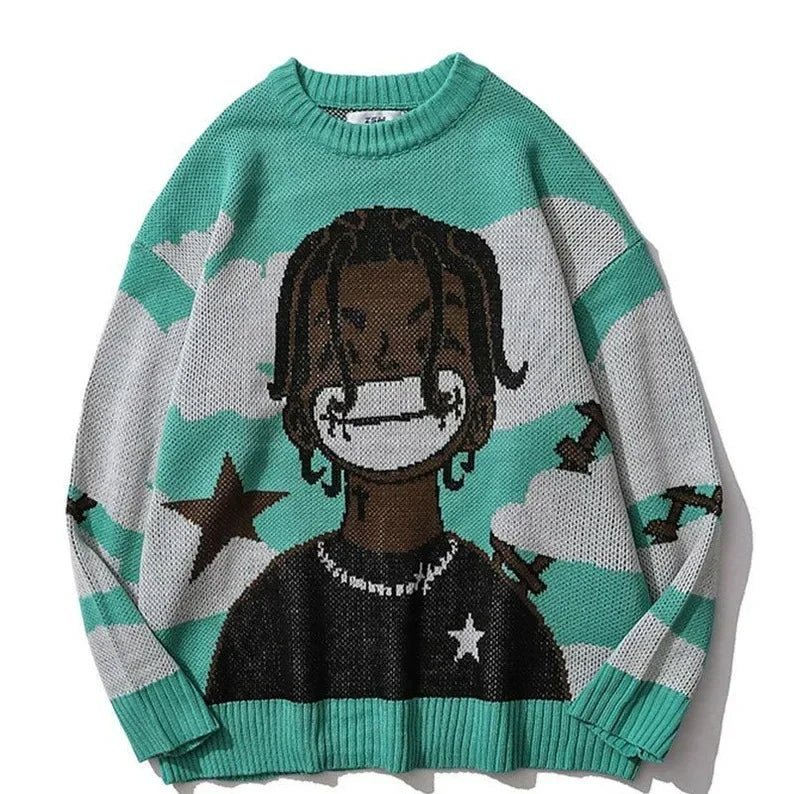 Van Gogh Graffiti Print Knitted Sweater – Oversized Unisex Streetwear Pullover, 95% Cotton - GiftWave.co